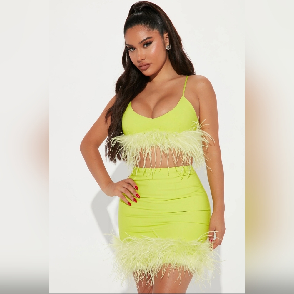 Fashion Nova Neon Lime Feather Trim Skirt Set